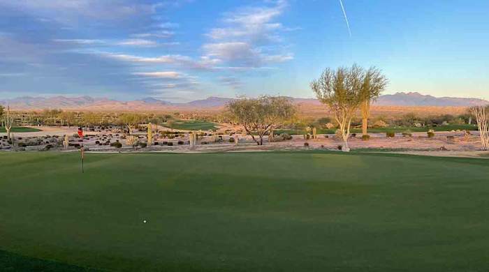 The 18th hole at We-Ko-Pa's Saguaro course.